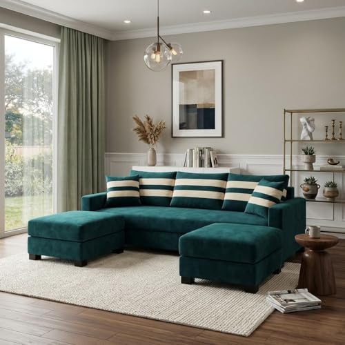 Image of Kassian Rich Velvet Suede 3 Seater Sofa Set with 2 Ottomans | Spacious Soft Touch Comfort Seating | Modern Sofa for Living Room (Greenish Teal)