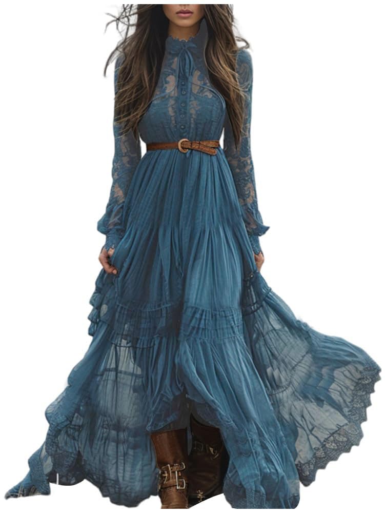 ORANDESIGNE Robe Longue Retro à Col en V et Manches Longues pour Femmes Robes en Mousseline de Soie Vintage Western Country Robe Décontractée d'automne