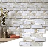 Commomy 10 Pcs 3D Brick Peel and Stick - 11.8'X11.8' Small Size Thin PVC Warm Whitewash Faux Brick Wall Panels for Kitchen Backsplash, Fireplace, Living Room, Interior Wall Tiles