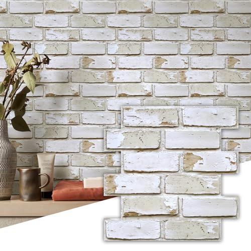 Commomy 10 Pcs 3D Brick Peel and Stick - 11.8'X11.8' Small Size Thin PVC Warm Whitewash Faux Brick Wall Panels for Kitchen Backsplash, Fireplace, Living Room, Interior Wall Tiles