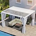 YITAHOME 10x13ft Louvered Pergola Outdoor Aluminum with Adjustable Roof Pergolas Sun Shade Shelter with Netting and Shaded Curtains for Lawns, Patio, Deck and Backyard, White