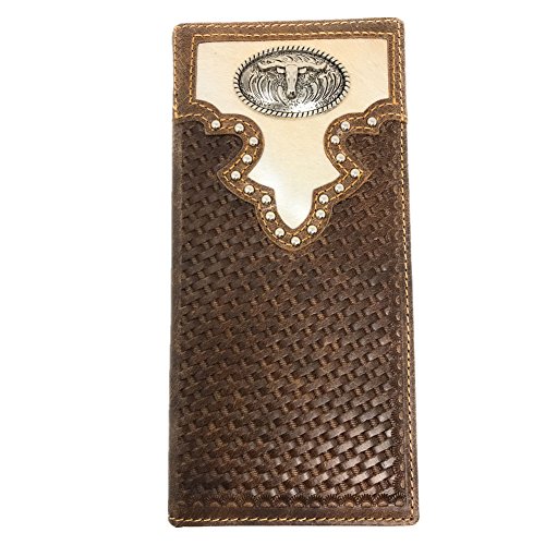 Western Men's Cow Fur Genuine Leather Basketweave Longhorn Bifold Wallet in 2 Colors (Coffee)