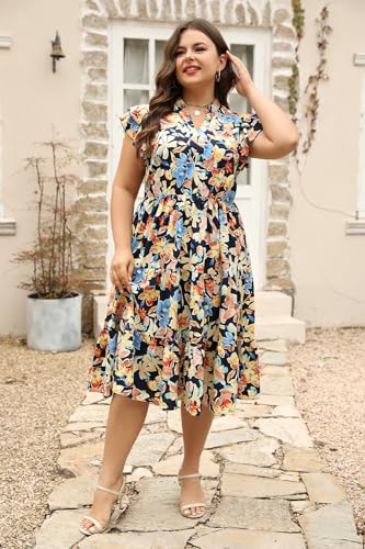 Keluummi Plus Size Wedding Guest Midi Dresses for Curvy Women, Summer Casual Floral Short Sleeve A Line Sundress with Pockets2