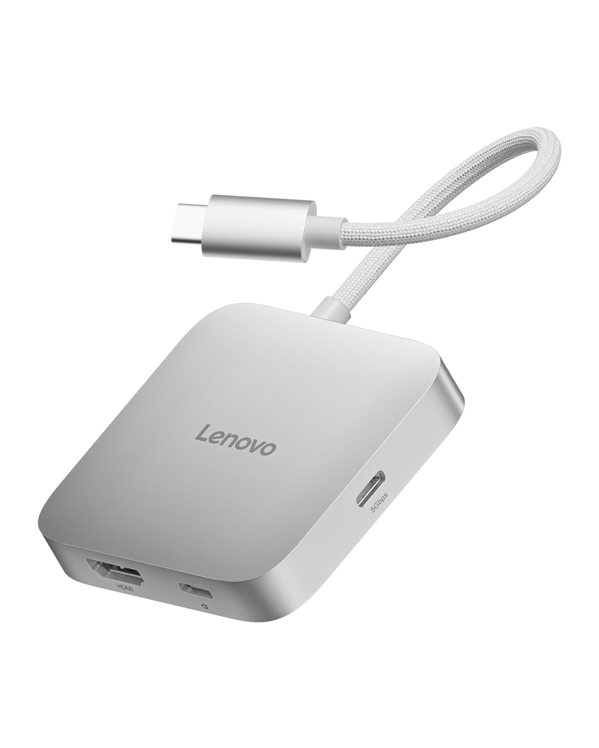 Lenovo Hub de Viaje USB-C 5 en 1, Entrega de energía de 90 W, HDMI 4K 60 Hz, Puertos USB-C y USB-A, Plug and Play, Compacto, Gris Plateado