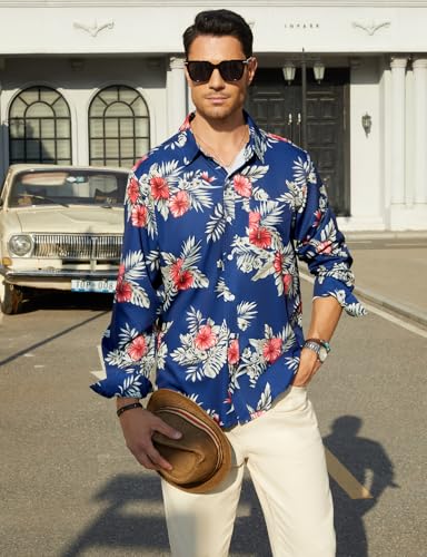 Hardaddy Men's Tropical Floral Button Down Long Sleeve Hawaiian Shirt Flower Printed Beach Shirts2