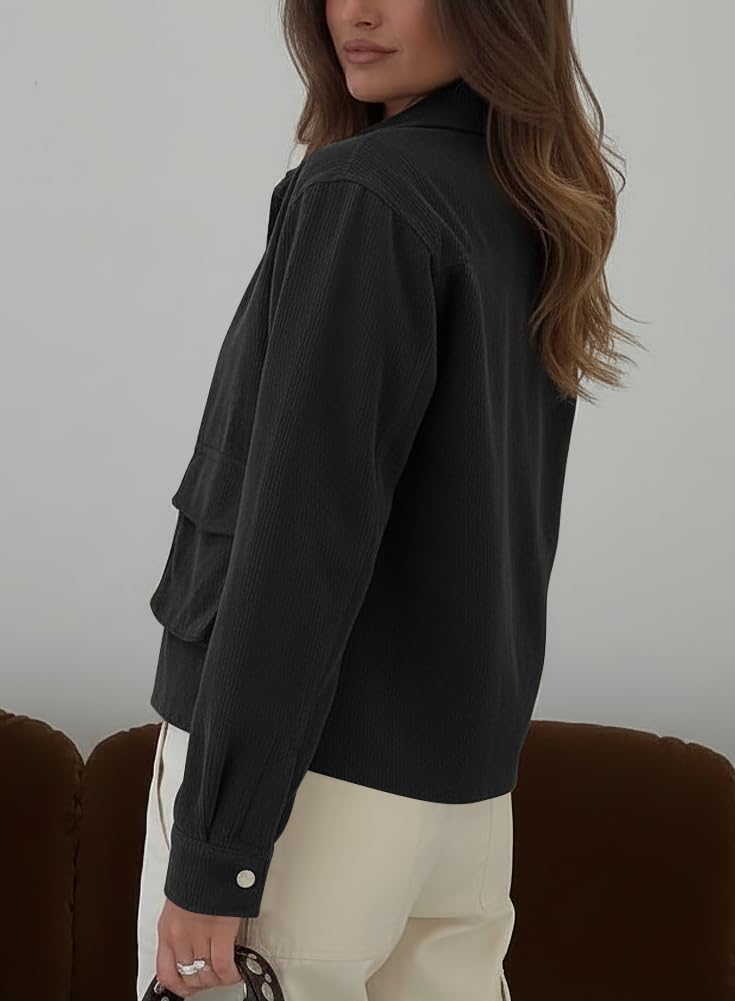 Beaully Womens Corduroy Cropped Shacket Jacket Short Button Down Long Sleeve 2026 Spring Outwear Tops - Image 2