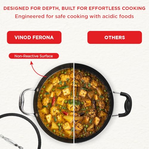 Image of Vinod Ferona Lightweight Cast Iron Kadai 1.4 L, 20 cm | Glass Lid, TREON Technology, No-Seasoning Enamel Kadhai for Healthy Cooking, Naturally Stick-Free, Gas Base, PTFE & PFOA Free