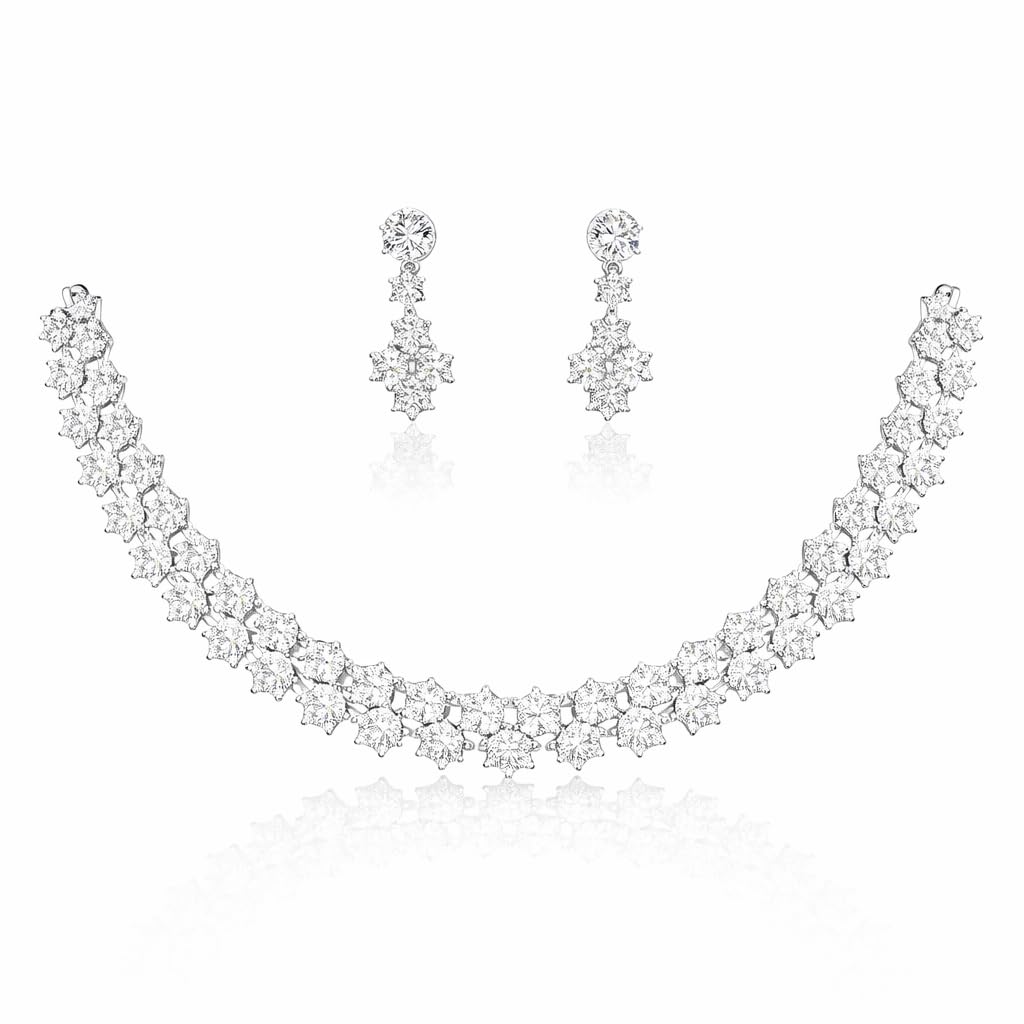 7 Stone Silver Necklace with matching Earrings | Elite Quality | (Rhodium) (Crystal White, 2 Line)