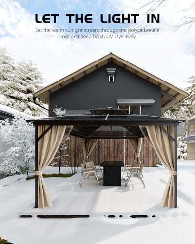 Hardtop Gazebo 10'x13' for All Weather, Double Polycarbonate Sheets Roof, Aluminum Alloy Frame, Net, and Curtain, Permanent Building for Patio, Deck, Backyard, Lawn, and Garden, Khaki