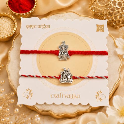 Image of CraftVatika Silver Plated Rakhi Set of 2 for Brother Boy Men, Designer Ganesha Radhe Krishna Rakhi for Brother, Premium Thread for Rakshabandhan Festival with Best Wishes Card and Tillak Set for Him