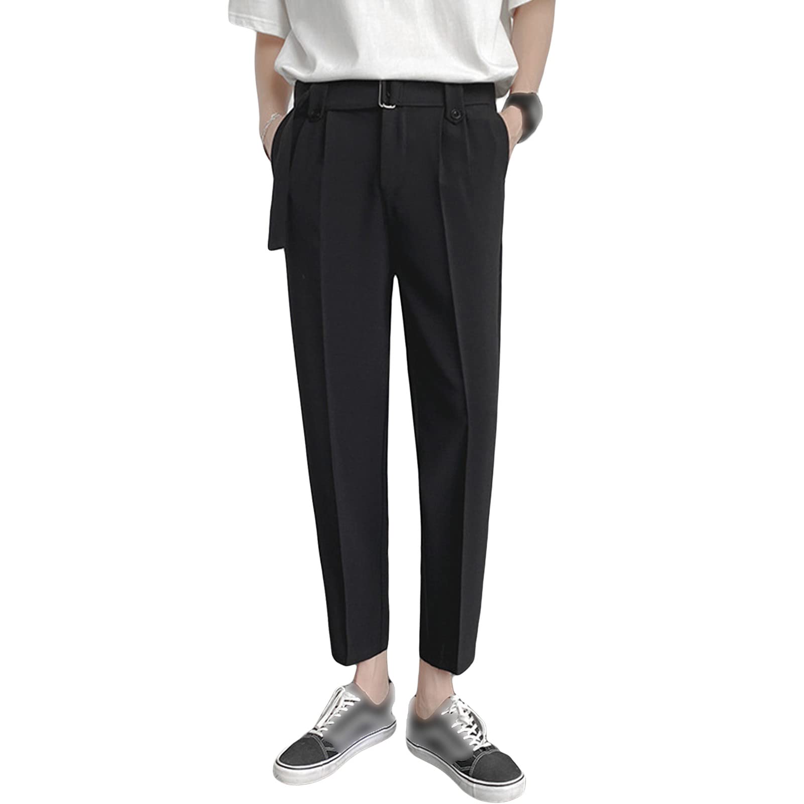 Maiyifu-GJ Men's Straight Leg Stretch Pant Summer Casual Slim Suit Pant Solid Color Lightweight Business Trousers Streetwear (Black,30)