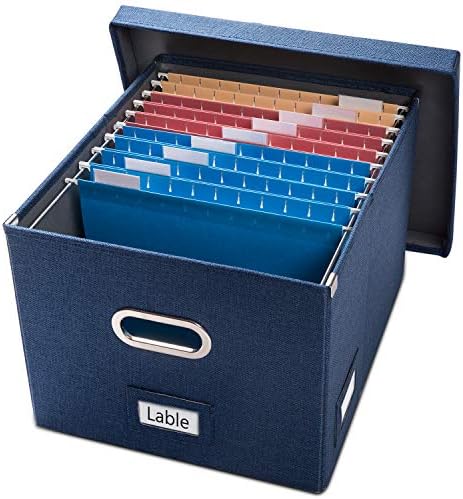 Prandom File Organizer Box - Set of 1 Collapsible Decorative Linen Filing Storage Hanging File Folders with Lids Office Cabinet Letter/Legal Size Navy Blue (17x14x11.2 inch)