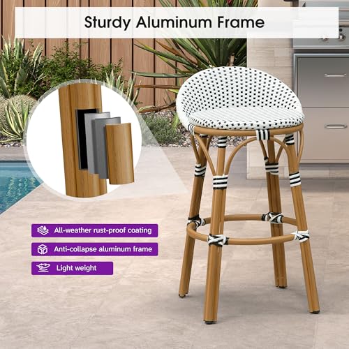 Image of PURPLE LEAF Patio Oversized Backrest Bar Height Stool Set of 1 Outdoor Round Barstools Aluminum Frame in Bamboo Finish Woven Rattan for Indoor Kitchen Dining Bistros Cafe Restaurant White