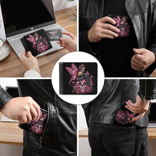 Skull Fairy Breast Cancer Awareness Ribbon Bifold Wallet PU Leather Front Pocket Slim Credit Card Holder Coin Purse for Women Men3