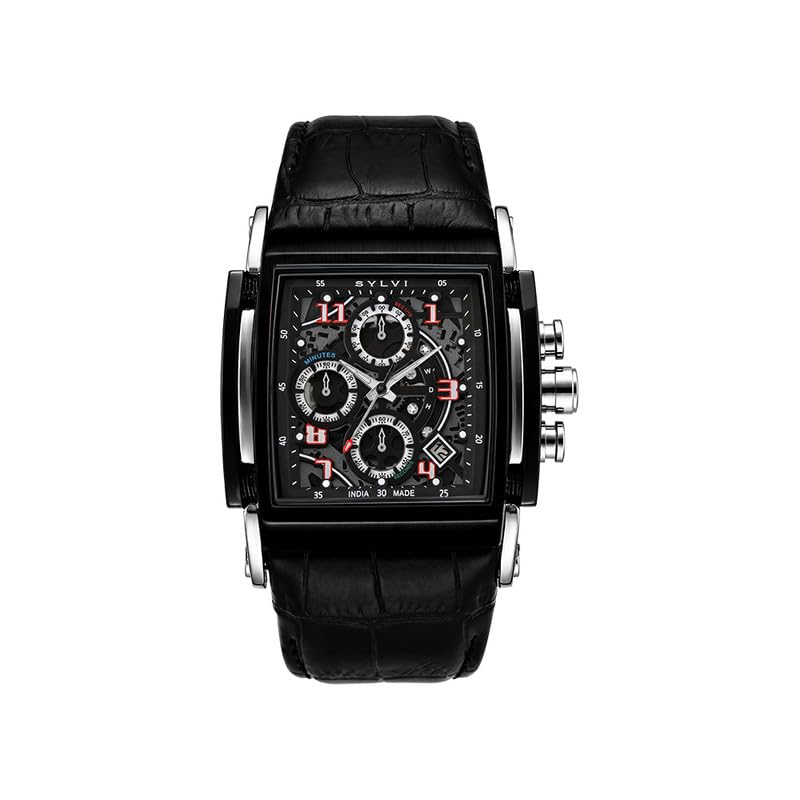 Dominator Chronograph Watch for Men Rectangular Black Dial Genuine Leather Strap 45mm Date Display 3ATM Water Resistant-image-33