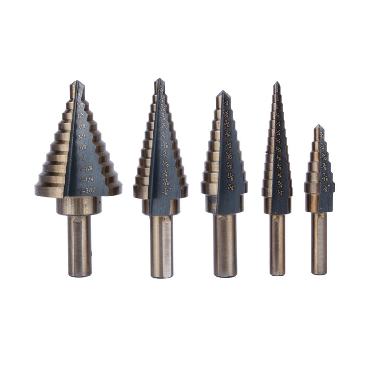 Brocas escalonadas de cobalto Hss de 5 piezas Juego de brocas de perforación de múltiples orificios Caja de aluminio Taladro de cono de titanio Brocas de núcleo, como imagen, 5 piezas