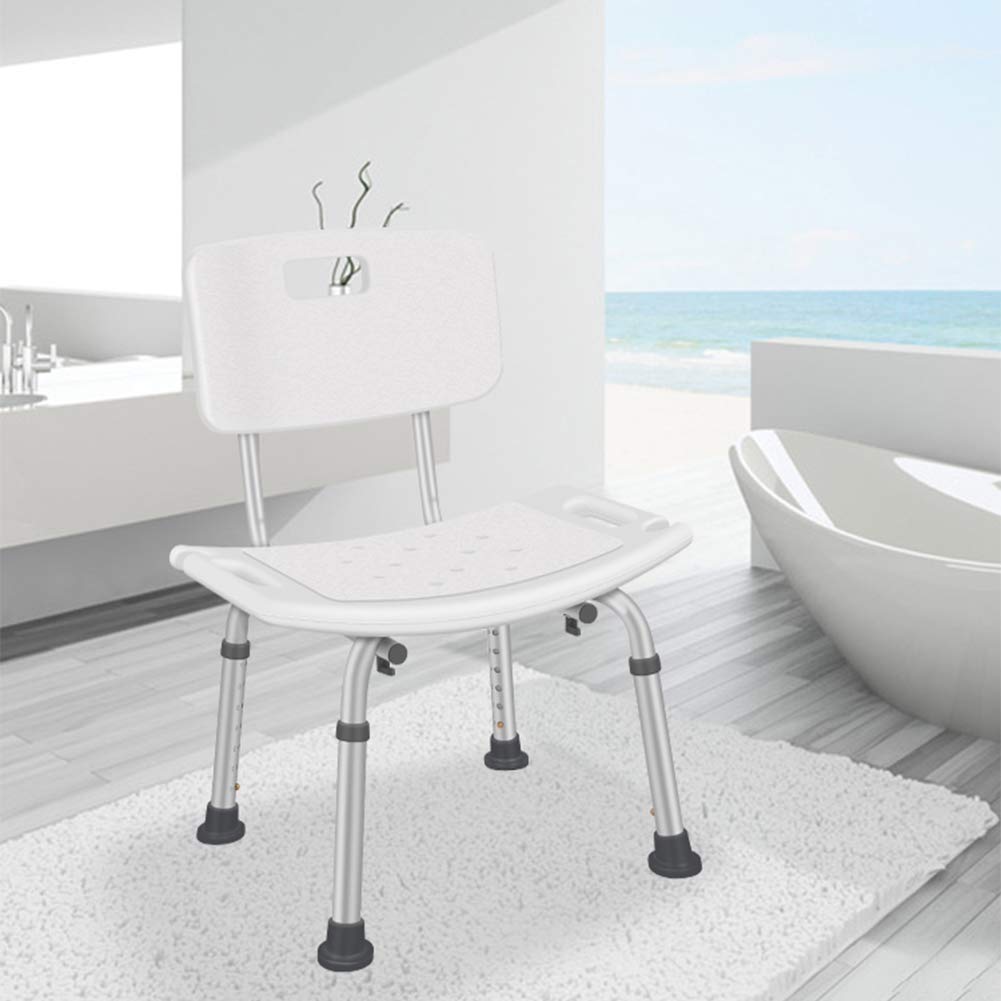 Ergonómico Blanco Silla de Ducha con Respaldo y Teras Antideslizantes,Ensamblaje Sin Herramientas Taburete de Ducha-Regulable en Altura,para Ancianos y Discapacitados
