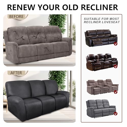 Image of ANARACHON Recliner Couch Cover Leather Look Recliner Sofa Covers for 3 Cushion Reclining Sofa Slipcovers 8-Pieces Furniture Protector Spandex Fabric Washable (3 Seater, 01 Dark Gray)