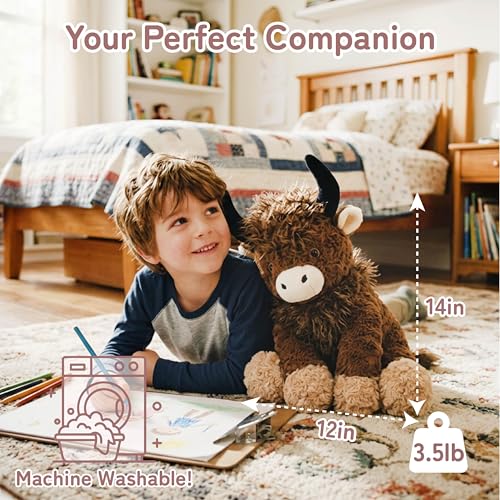 Image of Niuniu Daddy Highland Cow Weighted Stuffed Animals, Plush Pillow for Kids | 20 in 3.3 lbs, Heavy sensory lap pad, lying body pillow for sleeping, machine wash, huggable gift for kids and adults