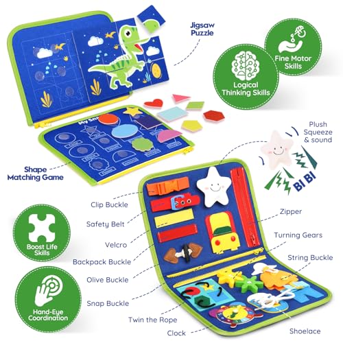 Image of Toddler Sensory Busy Board: Travel Toy Activity Book for Girls Boys, Motor Skill Development Gift for Baby Aged 3-4 Years, Fine Educational Preschool Montessori Learning Toy for Car Airplane Dinosaur