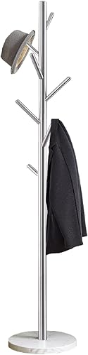 Miniatura 8 de Jolitac Perchero de metal con acabado de acero satinado dorado, base estable de mármol, alta calidad con ganchos, sombrero de árbol de metal y