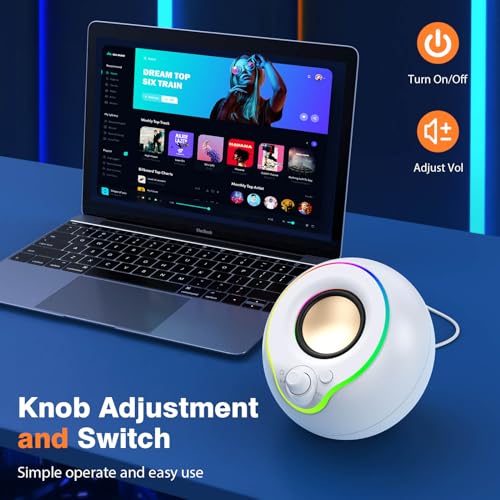 LENRUE USB Computer Speakers, Laptop Speakers, Plug Play, Loud and Clear Sound, Easy Access Volume Konb, with Type C Adapter, Colorful Lights, for Desktop, PC, Laptop, Phone (USBWhite) - Image 5