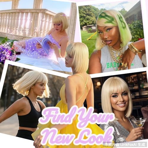 Image of Farblick 613 Bob Wig Human Hair With Bangs Wear and go Glueless Wig Human Hair 12inch Straight Wig 180% Density Blonde wig with bangs for Women