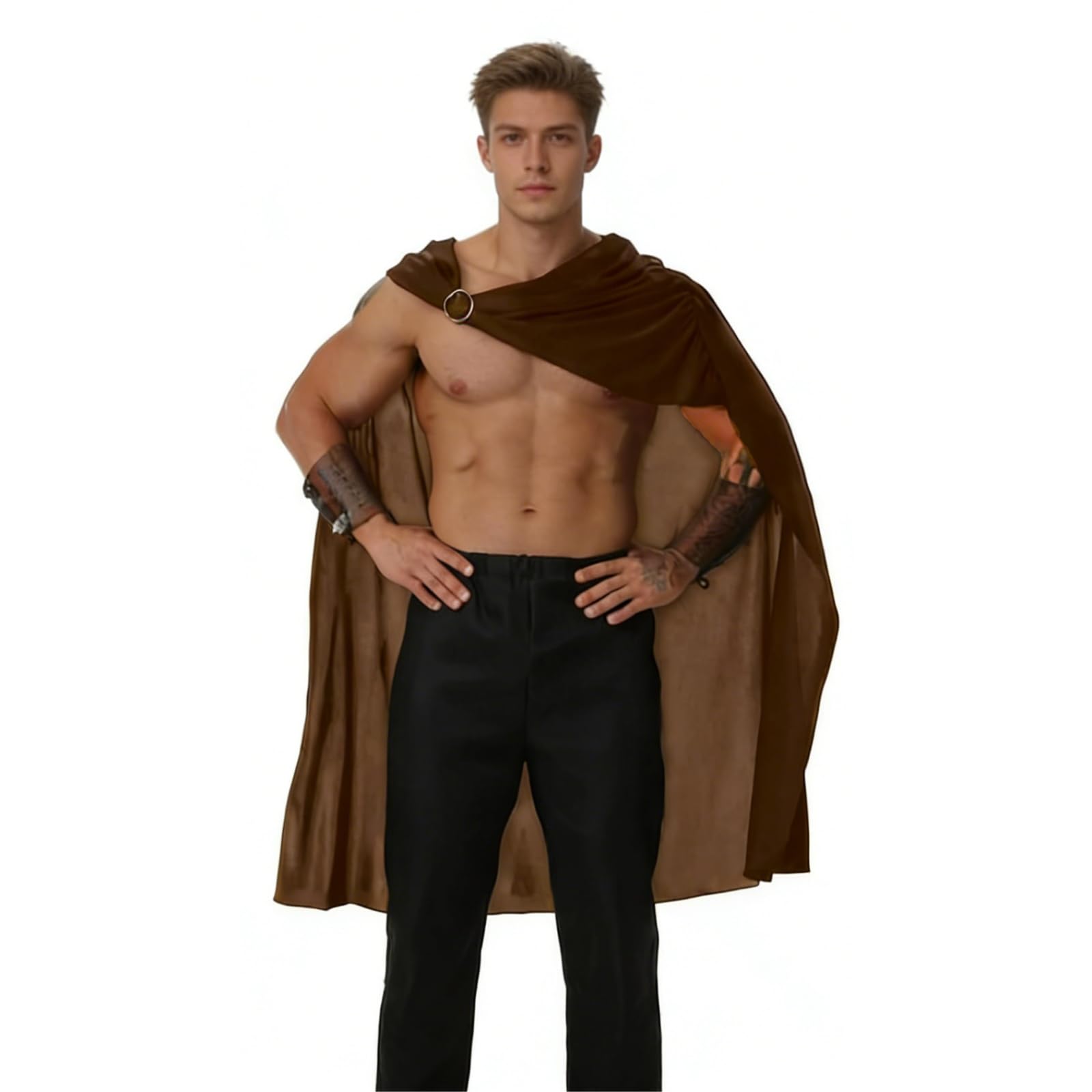 HAPNBCELE Men's Roman Gladiator Cape, Spartan Warrior Soldier Cosplay Cloak for Adult Halloween Medieval Party LARP Outfit (Brown, 118cm/46.45")