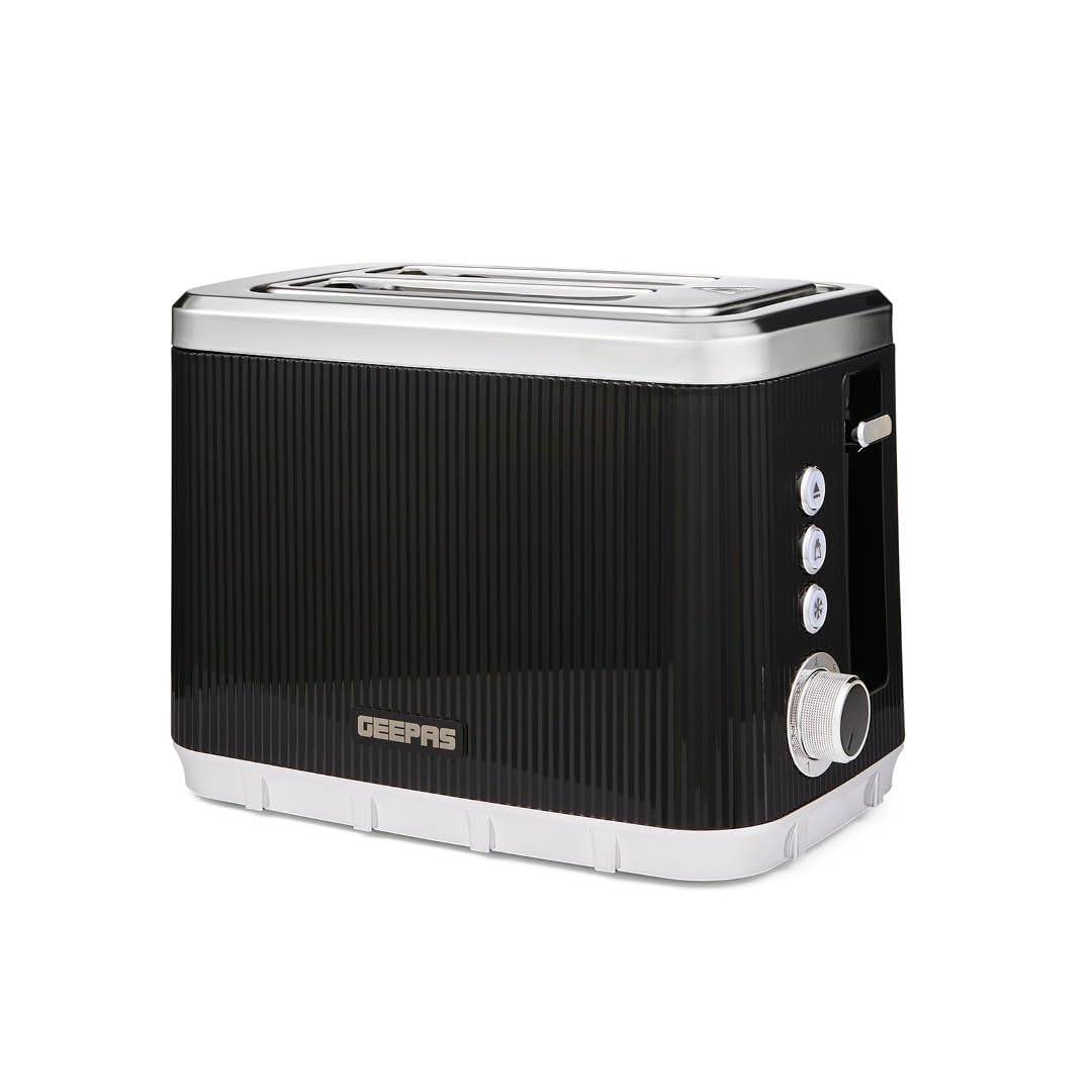 GEEPAS Arcus 2 Slice Toaster | 7 Browning Levels Cancel Defrost Reheat | For Thin Small Bread Slice Removable Crumb Tray Cool Touch Housing High Lift Space-Saving Design | 2 Yr Warranty 930W Black