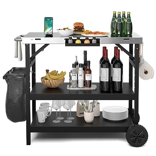 GYMAX Chariot Barbecue Pliable 3 Niveaux, Desserte Jardin Mobile avec 2 Roues, Robuste en 201 Acier Inoxydable, avec Tablette à Épices, Porte-Poubelle,...