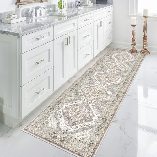 KUTA Oriental Washable Runner Rug, 2.6x8 Runners for Hallways Non-Slip Vintage Ivory Grey Yellow Kitchen Runners Ultra Soft Printed Distressed Tribal 8ft Floor Carpet Rugs for Stairway Bedroom