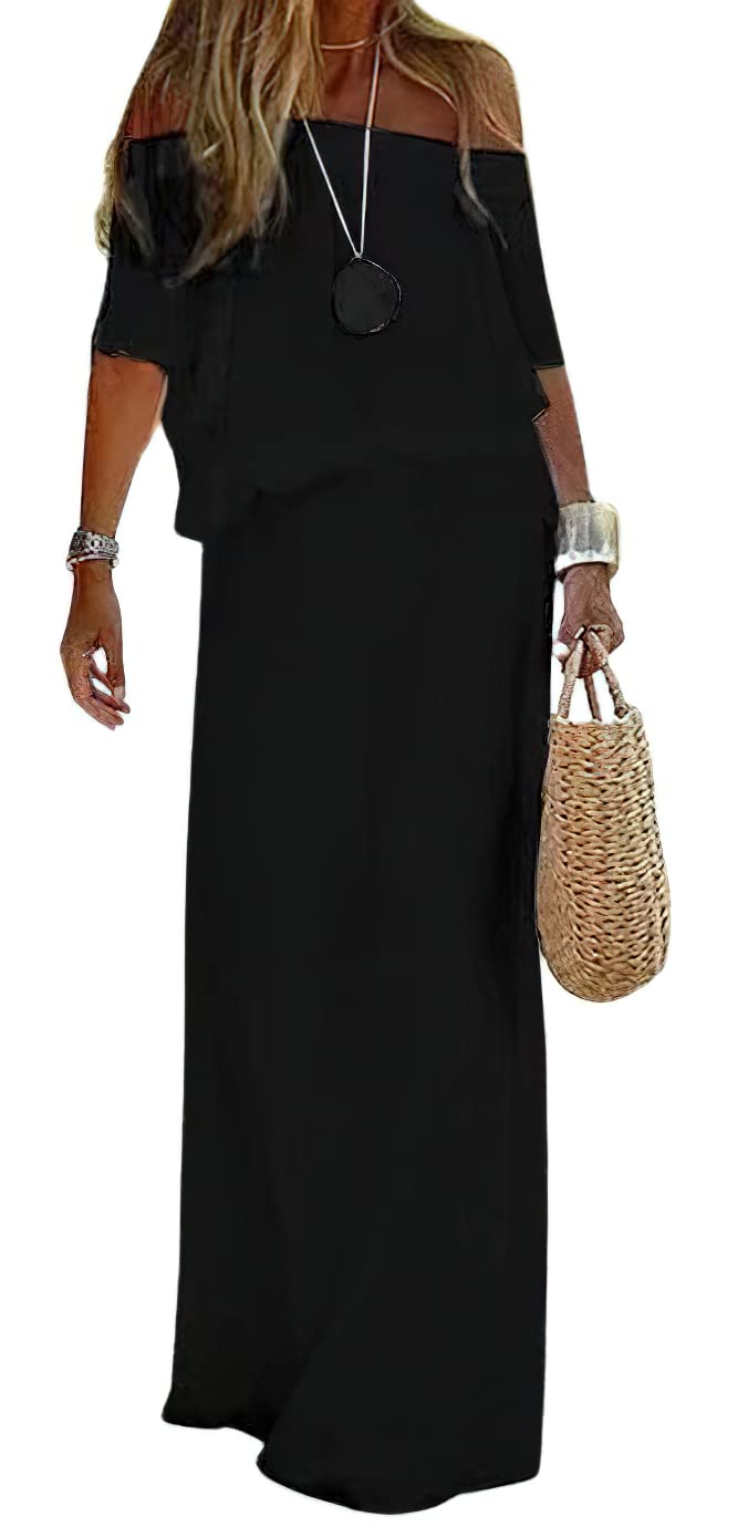 loveimgs Women's Summer Off Shoulder Ruffle Cotton Dress Short Sleeve Mid Rise Beach Boho Long Maxi Dress