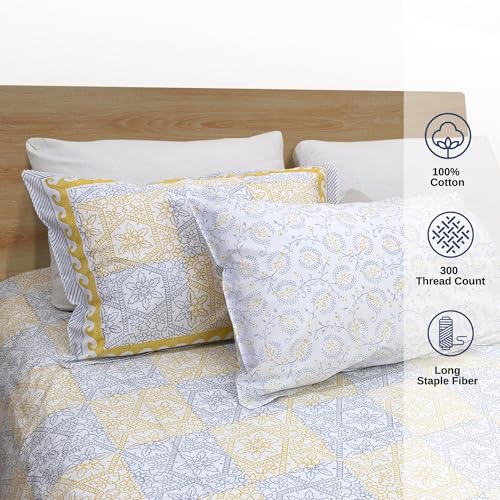 Image of TOAI Hand Block Printed Bedsheet | Bed Sheet Flatsheet | Pure Cotton | Double Bed King Size 108 inchx108 inch | 300 TC Bedsheets | Includes 2 Pillow Covers Jharokha (Yellow, Greyish Blue)