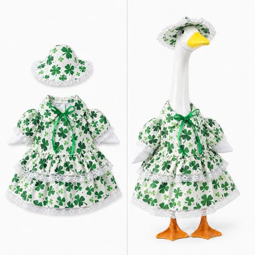 Genyzlux Green 4-Leaf Clover Print Porch Goose Outfit for 23-Inch Lawn Goose Statue - Durable Polyester Lucky Spring Garden Decor