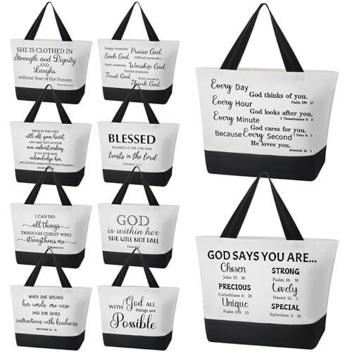 Talltalk 10 Pcs Christian Bible Verse Tote Bags Religious Gift Canvas Reusable Bags for Women Church Mother's Day Party(White, Black)