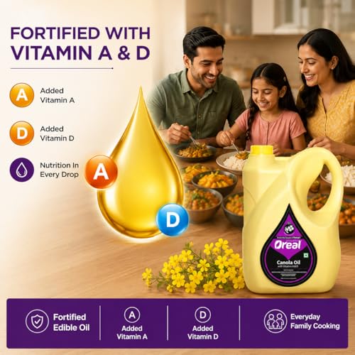 Image of Oreal Premium Pure Canola Oil | 5 Litre| Healthiest Cooking Oil | Rich in Omega-3 and Omega-6 | Improve in Metabolisms & Keeps Active | Preservative Free & Suitable for all Ages