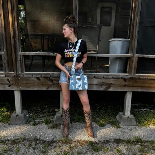 Image of Wrangler Cow Print Tote Bag for Women Western Purse Boho Top Handle Satchel Handbag with Signature Strap