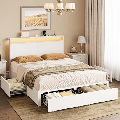 HAUSOURCE Full Bed Frame with 4 Storage Drawers Bed Frame Full Size with Headboard LED Lights Charging Station Metal Slats Platform Heavy-Duty Support No Box Spring Needed White