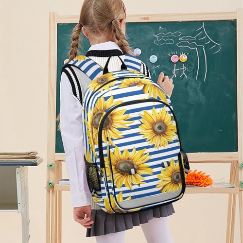 Sac à dos ordinateur portable enfants tournesols bleu rayé B99 pour collège et lycée