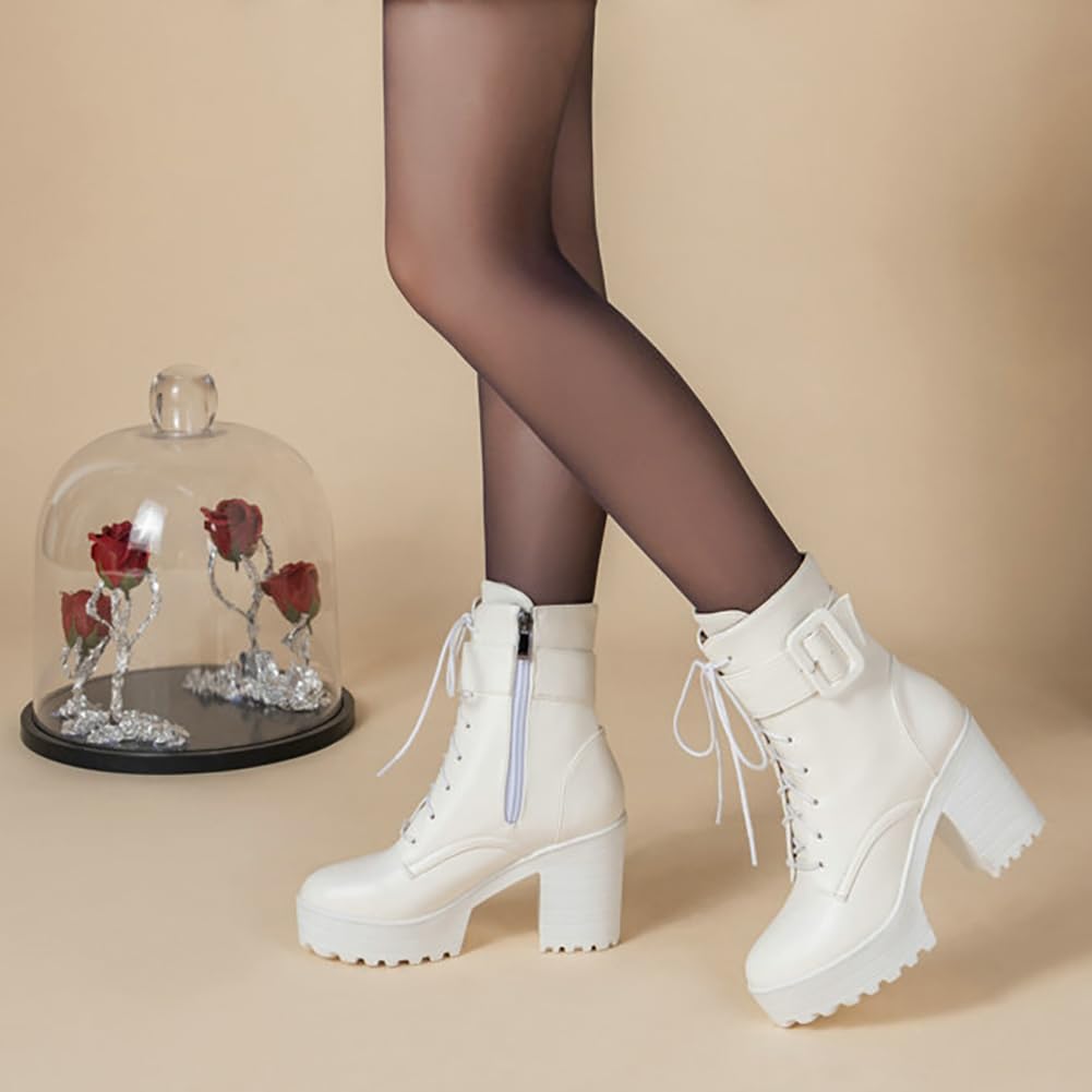 Mujer Botines Militares con Tacón Ancho Plataforma con Cordones Punta Redonda Punk Gótico Botas De Combate con Cremallera