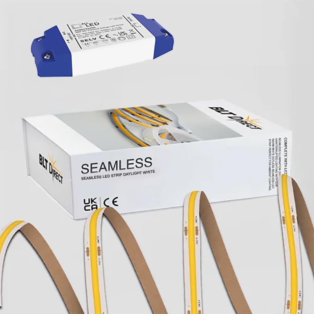 1 Meter LED Strip Kit (C/W Driver) - 8mm Seamless COB 24V IP20 Dotless - DIY/Professional Installations – 10W Per Metre – Energy-Efficient Strip Light with Driver (Daylight)