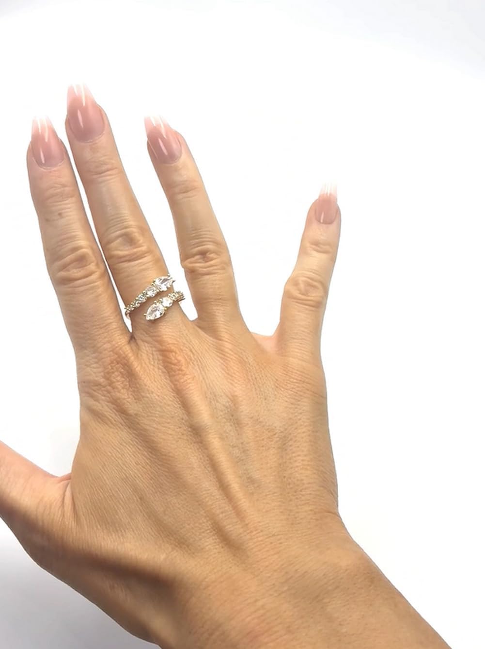 Adjustable Bypass Mixed Cut CZ Engagement Ring, Yellow Gold Filled Metal, Round & Pear Shaped Cubic Zirconia - Image 5