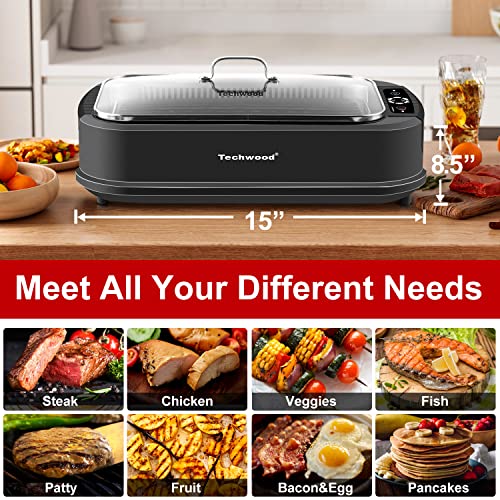 Techwood Indoor Grill Smokeless Grill, Electric Korean BBQ Grill with Glass Lid, Turbo Smoke Extractor Technology, Dishwasher-Safe Drip Tray & Nonstick Grilling Removable Plate, Black, 1500W by Techwood - Image 2