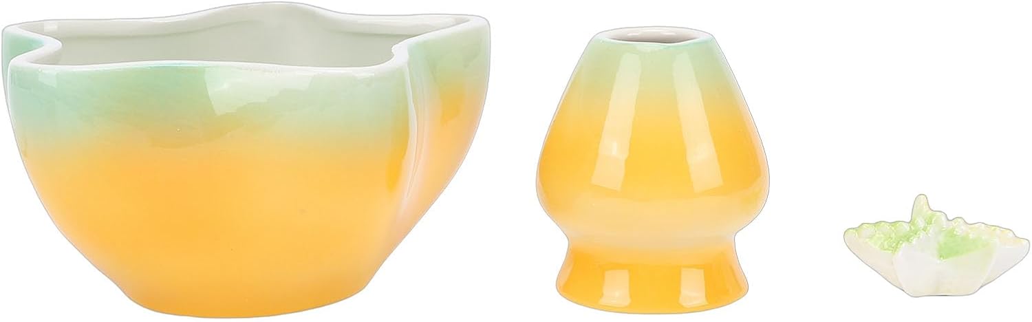 Focket Matcha Whisk Set, 500ml Ceramic Bowl with 76-Prong Whisk Sifter Scoop Rest, Elegant Matcha Kit for Tea Lovers Family Friends (Green Yellow)