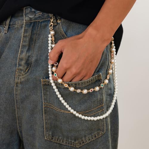 Image of Layered Wallet Pants Chains for Men Dainty Rhinestone Flower Pearl Pocket Jeans Wallet Chain Punk Jewelry Gift for Women
