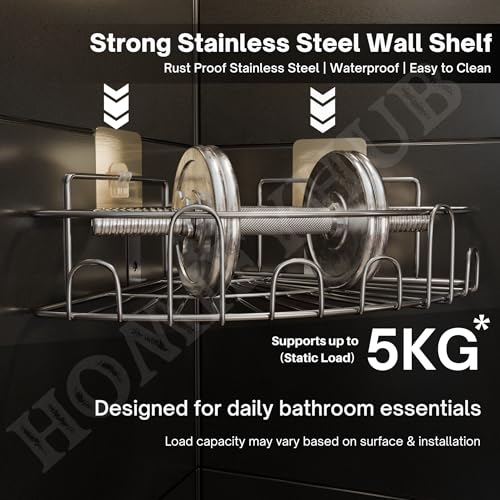 Image of 8 Pcs Bathroom Organiser Without Drill | Self Adhesive Wall Shelf Organizer & Soap Stand for Kitchen Bathroom | Toothbrush & Shampoo Holder R Corner Shelf (Silver)
