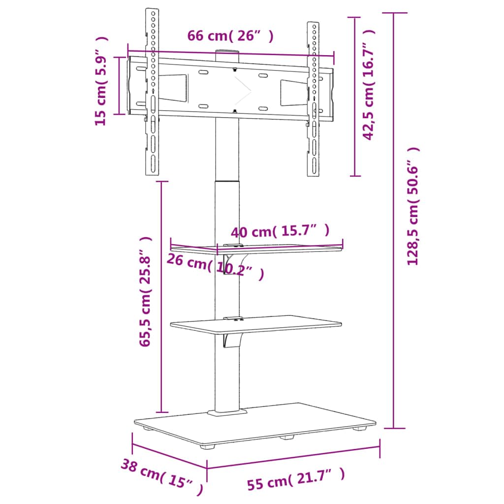 TV-Eckständer Schwarz mit 3 Ablagen aus Stahl und Glas für 32-65 Zoll Fernseher, VESA 200x200 bis 600x400 mm, schwenkbar 25 Grad, höhenverstellbar, mit Kabelmanagement und stabilem Design