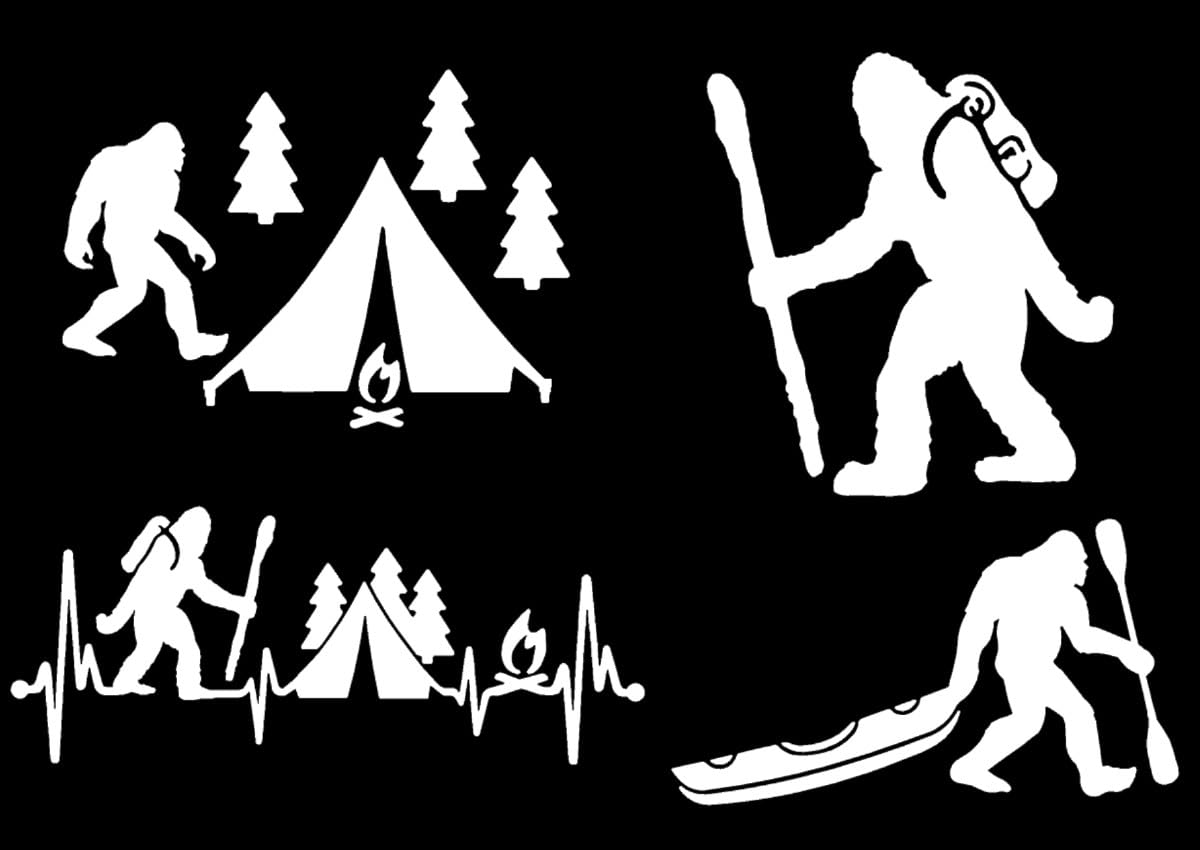 Bigfoot Camping Hiking Kayaking Decal 4 Pack: Bigfoot Heartbeat, Sasquatch Camping, Hiking Bigfoot, Kayaking Bigfoot Decals (Small ~4", White)