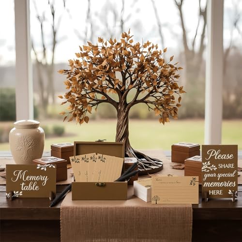 Image of Gilprop 112 Pcs Celebration of Life Memory Cards Set Share a Memory Cards with Box 2 Wood Sign with 4 Hold and 5 Pens, Sympathy Memorial Gifts Funeral Keepsake Decorations (Tree)