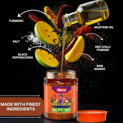 Image of Nilon's Sher-E-Punjab Mango Pickle (475g) Homemade Aam Ka Aachar | Spicy & Tangy Pickle in Authentic Punjabi Style with Raw Mango, Mustard Oil & Spices Mixed with No Added Artificial Colour